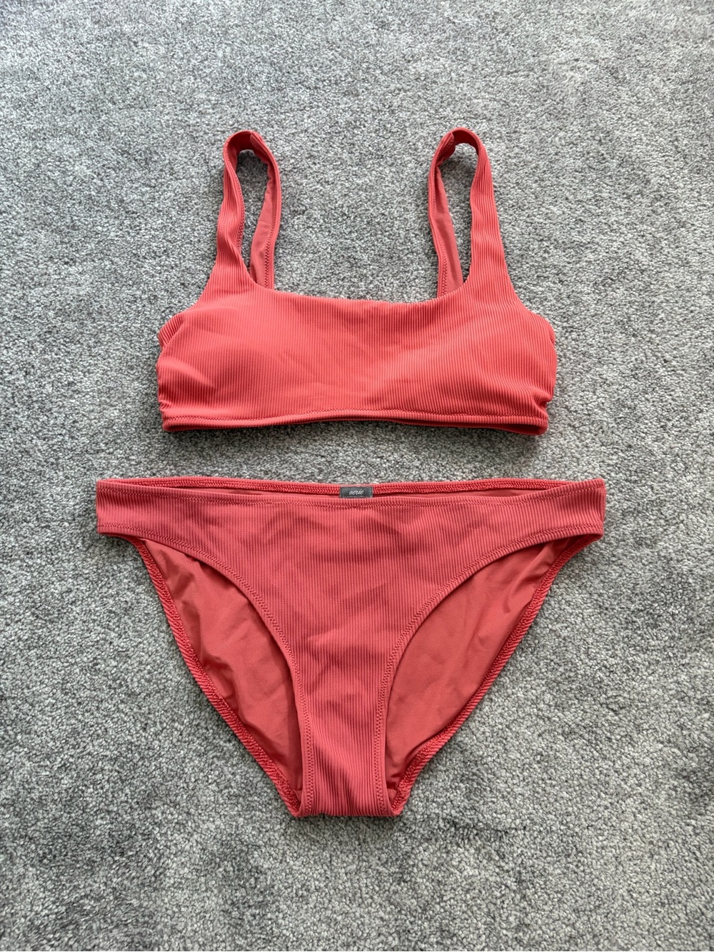 aerie Ribbed Scoop Bikini Set in Coral Red